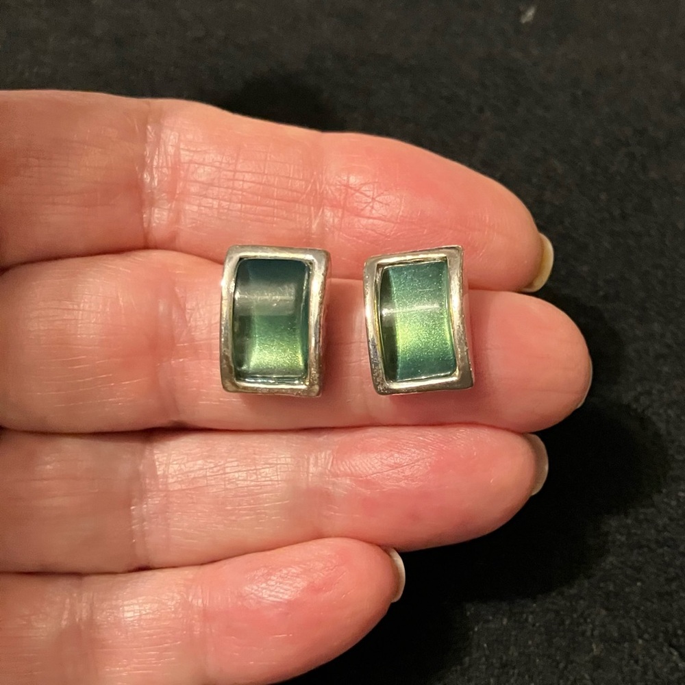 Blue Green Glass Rectangular Silver Tone Stud Earrings